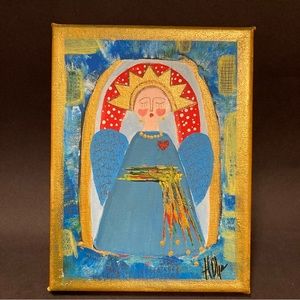 Original Stretched Canvas Painting Sacred Heart Guardian Angel - signed